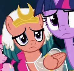 Size: 381x365 | Tagged: safe, derpibooru import, screencap, pinkie pie, somnambula, twilight sparkle, alicorn, earth pony, pegasus, pony, shadow play, cropped, egyptian headdress, egyptian pony, image, jpeg, sad