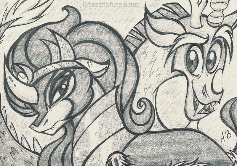 Size: 2288x1604 | Tagged: safe, artist:rossmaniteanzu, derpibooru import, discord, king sombra, image, jpeg, monochrome, pencil drawing, traditional art