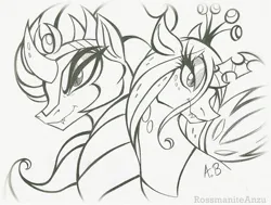 Size: 2085x1577 | Tagged: safe, artist:rossmaniteanzu, derpibooru import, king sombra, queen chrysalis, changeling, unicorn, chrysombra, female, image, jpeg, lineart, male, pencil drawing, shipping, straight, traditional art