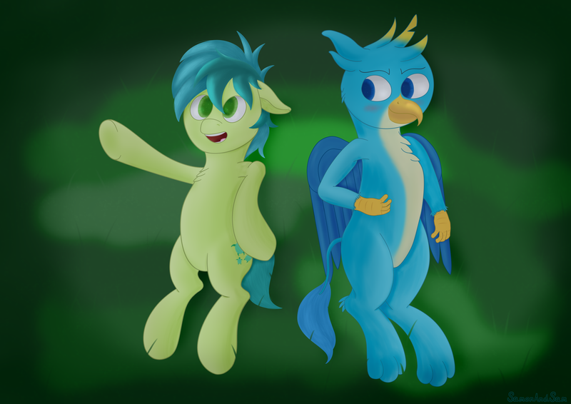 Size: 3508x2480 | Tagged: safe, artist:samenandsam, derpibooru import, gallus, sandbar, earth pony, gryphon, pony, blushing, duo, duo male, grass, high res, image, lying down, male, night, open mouth, open smile, png, simple background, smiling, wings