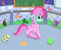 Size: 2200x1800 | Tagged: safe, artist:amateur-draw, derpibooru import, oc, oc:belle boue, unofficial characters only, pony, unicorn, adult diaper, adult foal, ball, bench, chalkboard, cute, diaper, diaper fetish, diaper under clothes, female, fetish, footed sleeper, image, marker (dead space), pacifier, png, poofy diaper, solo, toy