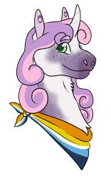Size: 792x1267 | Tagged: safe, artist:gossamer385, derpibooru import, sweetie belle, unicorn, 2022, aromantic pride flag, asexual pride flag, bandana, chest fluff, ear piercing, female, headcanon, image, looking at you, neck fluff, older, older sweetie belle, piercing, png, pride, pride flag, sexuality headcanon, simple background, smiling, solo, transparent background
