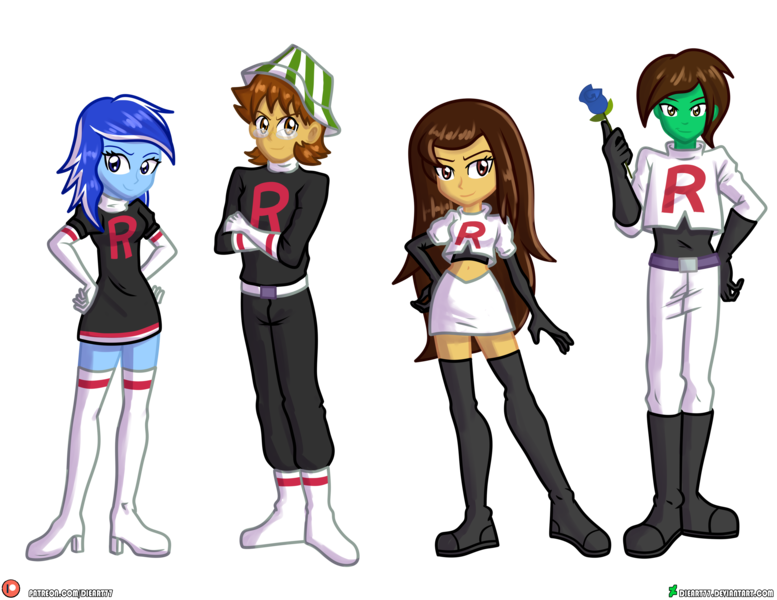 Size: 4000x3090 | Tagged: safe, artist:dieart77, derpibooru import, oc, oc:frost d. tart, oc:golden lily, oc:zipper zest, unofficial characters only, human, equestria girls, clothes, cosplay, costume, image, png, pokémon, simple background, team rocket, transparent background