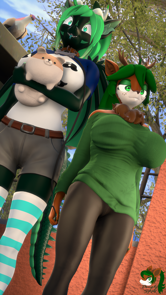 Size: 2160x3840 | Tagged: safe, artist:donglysfm, derpibooru import, oc, oc:emerald dusk, oc:tea tree, anthro, bird, deer, dragon, pigeon, 3d, :p, antlers, big breasts, breasts, bucktooth, clothes, collar, deer oc, dog collar, duo, duo female, ear fluff, female, horns, image, leash, milf, neck fluff, non-pony oc, outdoors, plushie, png, revamped anthros, sharp teeth, size difference, socks, source filmmaker, striped socks, sweater, sweater puppies, teeth, thigh highs, tongue out