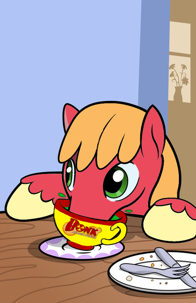Size: 663x1024 | Tagged: safe, anonymous editor, artist:muffinshire, derpibooru import, edit, big macintosh, earth pony, pony, /mlp/ tf2 general, bomb ass tea, bonk atomic punch, character swap, cup, flower, flower pot, fork, image, jpeg, knife, male, saucer, solo, stallion, table, teacup, team fortress 2, wood