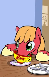 Size: 663x1024 | Tagged: safe, anonymous editor, artist:muffinshire, derpibooru import, edit, big macintosh, earth pony, pony, /mlp/ tf2 general, bomb ass tea, bonk atomic punch, character swap, cup, flower, flower pot, fork, image, jpeg, knife, male, saucer, solo, stallion, table, teacup, team fortress 2, wood