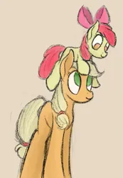 Size: 615x891 | Tagged: safe, artist:ahorseofcourse, derpibooru import, apple bloom, applejack, earth pony, pony, apple bloom riding applejack, apple sisters, cute, female, filly, foal, image, mare, png, pony hat, siblings, simple background, sisters