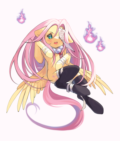 Size: 1420x1672 | Tagged: safe, artist:kitten-in-the-jar, derpibooru import, fluttershy, pony, undead, clothes, fire, image, jiangshi, png, simple background, socks, solo, white background