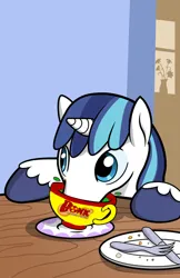Size: 663x1024 | Tagged: safe, anonymous editor, artist:muffinshire, derpibooru import, edit, shining armor, pony, unicorn, /mlp/ tf2 general, bomb ass tea, bonk atomic punch, cropped, flower, flower pot, fork, image, jpeg, knife, male, plate, saucer, solo, stallion, table, team fortress 2, window, wood