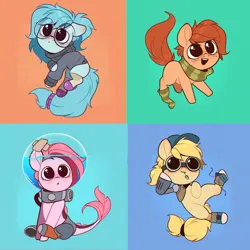 Size: 1742x1742 | Tagged: safe, artist:rexyseven, derpibooru import, oc, oc:drillie stone, oc:koraru koi, oc:rusty gears, oc:whispy slippers, unofficial characters only, earth pony, merpony, pony, chibi, clothes, female, glasses, image, mare, png, scarf, socks, striped scarf, striped socks