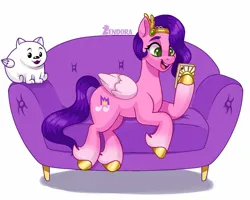 Size: 1250x1000 | Tagged: safe, artist:zendoratpw, derpibooru import, cloudpuff, pipp petals, dog, pegasus, pony, adorapipp, couch, cute, g5, image, jpeg, mobile phone, phone, princess pipp, simple background, smartphone, smiling, white background, winged dog, wings