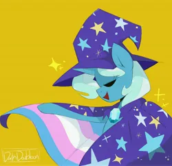Size: 5500x5330 | Tagged: safe, artist:darkdoubloon, derpibooru import, trixie, pony, unicorn, cape, clothes, eyes closed, hat, image, jpeg, pride, pride flag, simple background, solo, trans trixie, transgender, transgender pride flag, trixie's cape, trixie's hat, yellow background