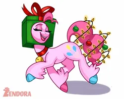 Size: 1250x1000 | Tagged: safe, artist:zendoratpw, derpibooru import, pinkie pie, earth pony, pony, christmas, christmas lights, colored hooves, eyes closed, holiday, image, jpeg, present, simple background, smiling, solo, white background