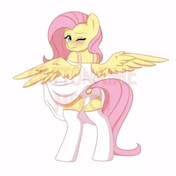 Size: 510x510 | Tagged: safe, artist:cottonaime, derpibooru import, fluttershy, pegasus, pony, bipedal, blushing, butt, clothes, dock, female, image, jpeg, looking at you, looking back, looking back at you, mare, merchandise, obtrusive watermark, panties, plot, smiling, socks, solo, stockings, tail, thigh highs, underwear, watermark