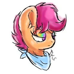 Size: 2048x2048 | Tagged: safe, artist:taeko, derpibooru import, scootaloo, pegasus, pony, 2023, bandana, bust, derpibooru exclusive, ear fluff, eyeshadow, female, filly, foal, frown, image, looking offscreen, makeup, png, rainbow eyeshadow, signature, sketch, solo