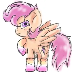 Size: 2048x2048 | Tagged: safe, artist:taeko, derpibooru import, scootaloo, pegasus, pony, 2023, alternate cutie mark, clothes, derpibooru exclusive, ear fluff, female, filly, hand on chest, image, looking at you, pastel, png, raised hoof, signature, simple background, sketch, smiling, socks, solo, spread wings, standing, stockings, thigh highs, white background, wings