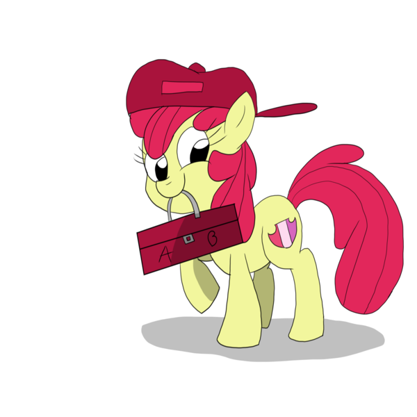 Size: 3000x3000 | Tagged: safe, artist:saberpen, derpibooru import, apple bloom, earth pony, pony, female, filly, foal, hat, image, looking at you, mouth hold, png, raised hoof, simple background, smiling, solo, toolbox, transparent background