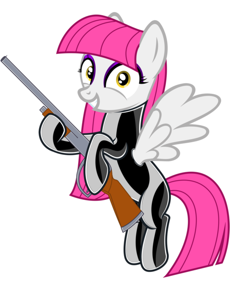 Size: 6200x8000 | Tagged: safe, alternate version, artist:severity-gray, derpibooru import, oc, oc:storm cloud, unofficial characters only, pegasus, pony, absurd resolution, cutie mark, derpibooru exclusive, eyeshadow, female, flying, grin, gun, hime cut, image, latex, latex suit, looking at you, makeup, mare, pegasus oc, png, project zomboid, shotgun, smiling, smiling at you, solo, spread wings, weapon, wings