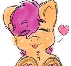 Size: 2048x1908 | Tagged: safe, artist:taeko, derpibooru import, scootaloo, pegasus, pony, 2023, :p, chest fluff, cute, cutealoo, derpibooru exclusive, eye clipping through hair, eyebrows, eyebrows visible through hair, eyelashes, eyes closed, female, filly, floating heart, foal, frog (hoof), heart, image, leaning on the fourth wall, png, simple background, sketch, smiling, solo, tongue out, underhoof, white background