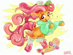 Size: 3200x2400 | Tagged: safe, artist:brovia6, derpibooru import, fluttershy, pegasus, pony, clothes, female, hat, hoodie, image, jpeg, mare, open mouth, skateboard, socks, solo