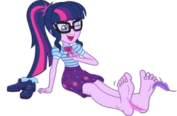 Size: 5000x3262 | Tagged: suggestive, artist:n0kkun, derpibooru import, sci-twi, twilight sparkle, equestria girls, equestria girls series, adorasexy, clothes, cute, feather, feet, fetish, foot fetish, foot focus, geode, glasses, image, laughing, png, sexy, shoes, simple background, sitting, skirt, soles, solo, tickle fetish, tickling, toes, twiabetes, vector