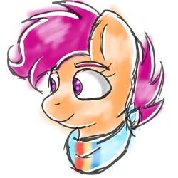 Size: 2048x2048 | Tagged: safe, artist:taeko, derpibooru import, scootaloo, pegasus, pony, 2023, bandana, bust, derpibooru exclusive, female, glossy, image, looking offscreen, mare, older, older scootaloo, png, simple background, sketch, smiling, solo, white background