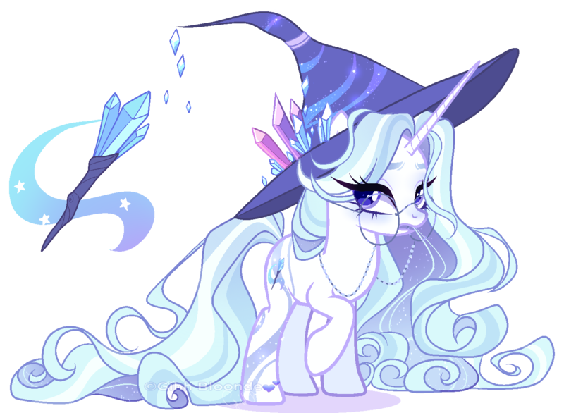 Size: 1537x1126 | Tagged: safe, artist:gihhbloonde, derpibooru import, oc, pony, unicorn, female, glasses, hat, horn, image, long horn, magical lesbian spawn, mare, offspring, parent:rarity, parent:trixie, parents:rarixie, png, solo, witch hat