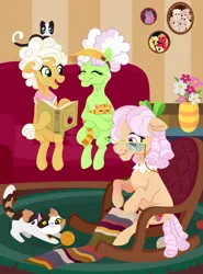 Size: 2480x3344 | Tagged: safe, artist:kabuvee, derpibooru import, apple bloom, apple rose, applejack, auntie applesauce, big macintosh, goldie delicious, cat, pony, image, png, yarn, yarn ball