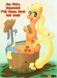 Size: 645x874 | Tagged: suggestive, alternate version, artist:hentaiboy, derpibooru import, applejack, anthro, earth pony, applejack's hat, ass, bathing, breasts, brush, butt, cowboy hat, dialogue, faucet, featureless breasts, female, hat, hoof hold, image, jpeg, legs in the water, looking at you, looking back, looking back at you, nipples, nudity, open mouth, open smile, partially submerged, rear view, rubber duck, sitting, smiling, solo, solo female, tail, talking to viewer, tub, washcloth, water