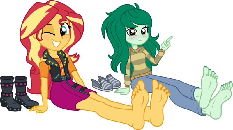 Size: 8196x4597 | Tagged: suggestive, artist:n0kkun, derpibooru import, edit, sunset shimmer, wallflower blush, human, equestria girls, equestria girls series, forgotten friendship, barefoot, blushing, boots, clothes, feet, fetish, foot fetish, foot focus, freckles, g4, grin, image, looking at you, nails, one eye closed, png, shoes, show accurate, simple background, smiling, soles, solo, transparent background, vector, wink, winking at you