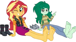 Size: 8196x4597 | Tagged: suggestive, artist:n0kkun, derpibooru import, edit, sunset shimmer, wallflower blush, human, equestria girls, equestria girls series, forgotten friendship, barefoot, blushing, boots, clothes, feet, fetish, foot fetish, foot focus, freckles, g4, grin, image, looking at you, nails, one eye closed, png, shoes, show accurate, simple background, smiling, soles, solo, transparent background, vector, wink, winking at you