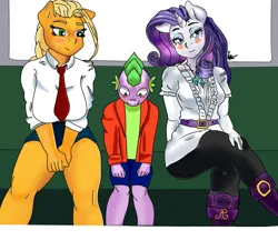 Size: 1024x886 | Tagged: source needed, suggestive, artist:saulazuli, derpibooru import, boyle, rarity, spike, oc, oc:00284, anthro, parrot pirates, my little pony: the movie, blushing, breasts, clothes, female, image, implied shotacon, implied underage, pirate, png, socks, thigh highs, wide hips