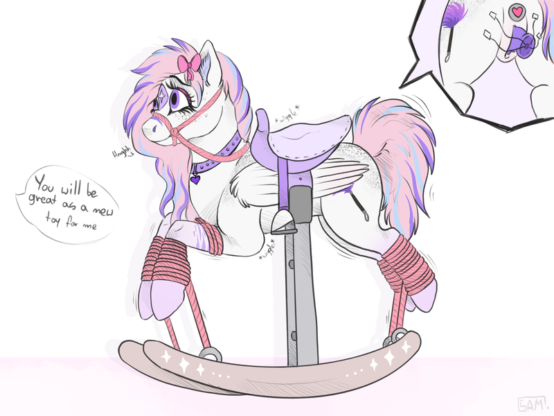 Size: 2000x1500 | Tagged: explicit, artist:galaxylatte, derpibooru import, pegasus, pony, anal insertion, animated, bit gag, bondage, bow, bowtie, bridle, buttplug, dildo, double insertion, electricity, electronic toy, female, females only, full body, gag, hair bow, image, insertion, long hair, long mane, long tail, mare, muzzle, nudity, offscreen character, png, pony play, reins, rocking horse, rocking horse bondage, rope, rope bondage, rope gag, ropes, saddle, sex toy, solo, solo female, tack, tail, toy, vaginal insertion, vaginal secretions, vibrating, vibrator, vulva