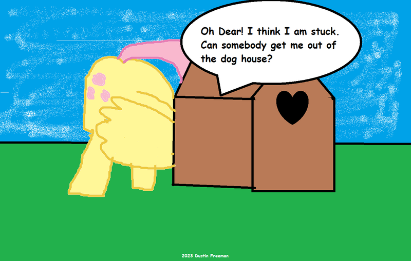 Size: 1468x934 | Tagged: safe, artist:coltfan97, derpibooru import, fluttershy, pegasus, pony, 1000 hours in ms paint, butt, comic sans, doghouse, flutterbutt, image, large butt, png, stuck