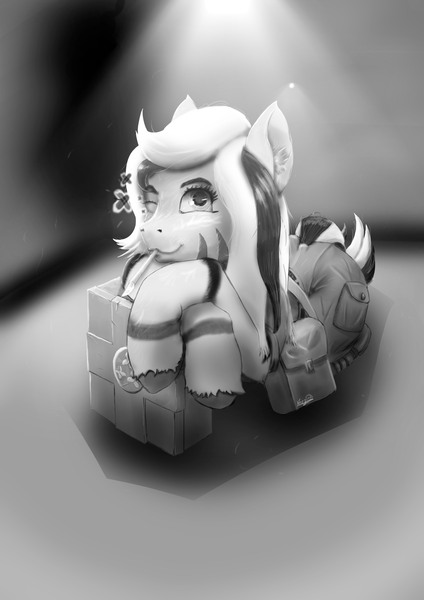 Size: 3508x4961 | Tagged: safe, artist:nergo, derpibooru import, oc, pony, zebra, black and white, clothes, doctor, first aid kit, grayscale, image, jpeg, looking at you, lying down, monochrome, one eye closed, pants, playful, scalpel, shirt, striped, striped mane, t-shirt, tail, wink, winking at you