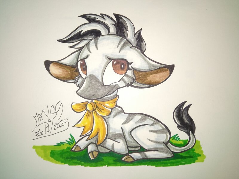 Size: 2048x1536 | Tagged: safe, artist:maj, derpibooru import, ribbon (tfh), zebra, them's fightin' herds, 2023, community related, female, image, jpeg, lying down, prone, ribbon, signature, solo, traditional art