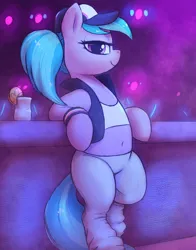 Size: 2350x3000 | Tagged: safe, artist:t72b, derpibooru import, azure velour, earth pony, pony, bedroom eyes, belly button, bipedal, bipedal leaning, clothes, drink, female, food, hat, high res, image, leaning, lemon, lights, looking at you, mare, png, raised hoof, solo