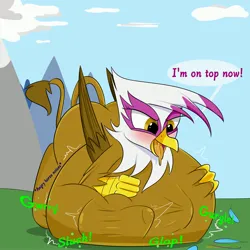 Size: 3000x3000 | Tagged: suggestive, artist:bestponies, derpibooru import, gilda, rainbow dash, gryphon, pegasus, blushing, butt, dialogue, digestion, image, jpeg, kicking, preydash, stomach noise, struggling, vore