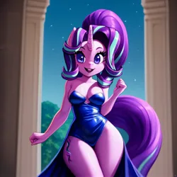 Size: 3072x3072 | Tagged: suggestive, derpibooru import, machine learning assisted, machine learning generated, purplesmart.ai, stable diffusion, starlight glimmer, anthro, pony, unicorn, adorasexy, alternate hairstyle, blue dress, breasts, bust, busty starlight glimmer, cleavage, cute, female, horn, image, jpeg, mare, sexy, smiling, stupid sexy starlight glimmer