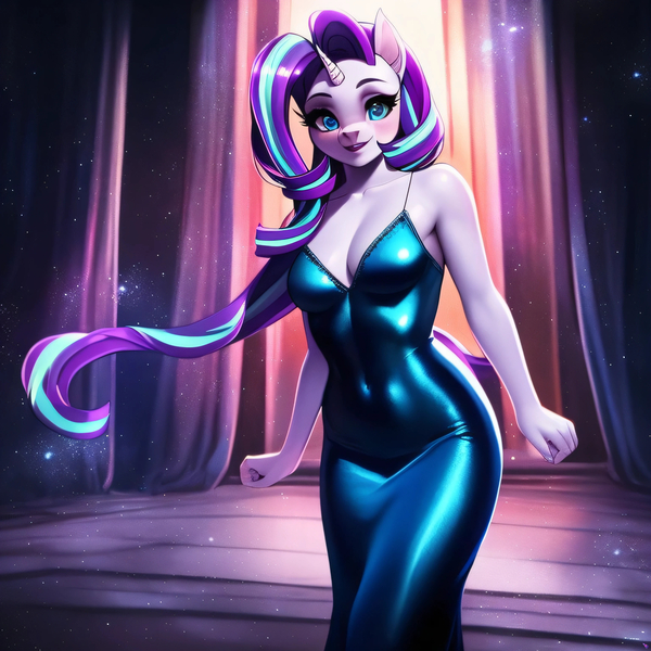 Size: 3072x3072 | Tagged: suggestive, derpibooru import, machine learning assisted, machine learning generated, purplesmart.ai, stable diffusion, starlight glimmer, anthro, pony, unicorn, adorasexy, alternate hairstyle, blue dress, breasts, bust, busty starlight glimmer, cleavage, cute, female, horn, image, jpeg, mare, sexy, smiling, stupid sexy starlight glimmer