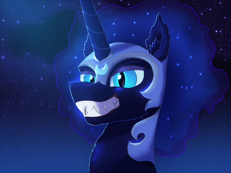 Size: 1470x1104 | Tagged: safe, artist:gosha305, derpibooru import, nightmare moon, alicorn, antagonist, bust, ear fluff, ethereal mane, fangs, female, flowing mane, gradient background, grin, helmet, horn, image, night, night sky, png, portrait, sky, smiling, solo, solo female, starry mane, stars, teeth