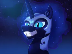 Size: 1470x1104 | Tagged: safe, artist:gosha305, derpibooru import, nightmare moon, alicorn, antagonist, bust, ear fluff, ethereal mane, fangs, female, flowing mane, gradient background, grin, helmet, horn, image, night, night sky, png, portrait, sky, smiling, solo, solo female, starry mane, stars, teeth