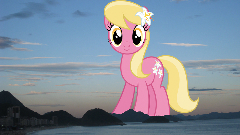Size: 2047x1149 | Tagged: safe, artist:dashiesparkle edit, derpibooru import, edit, editor:jaredking779, lily, lily valley, earth pony, pony, background pony, brazil, female, flower, flower in hair, giant pony, giantess, highrise ponies, image, irl, jpeg, lily (flower), looking at you, macro, mare, photo, ponies in real life, rio de janeiro, smiling, solo