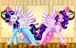 Size: 1128x708 | Tagged: safe, artist:strawberryswirlll, derpibooru import, pipp petals, rarity, alicorn, alicornified, cherry blossoms, clothes, duo, duo female, female, flower, flower blossom, g5, image, jpeg, kimono (clothing), looking at each other, looking at someone, looking back, pippcorn, race swap, raricorn, skinny pipp