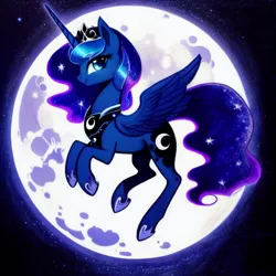 Size: 1536x1536 | Tagged: safe, derpibooru import, editor:siber, machine learning generated, purplesmart.ai, stable diffusion, princess luna, alicorn, pony, crown, ethereal mane, ethereal tail, female, flying, hoof shoes, image, jewelry, looking at you, mare, moon, peytral, png, regalia, smiling, smiling at you, solo, tail