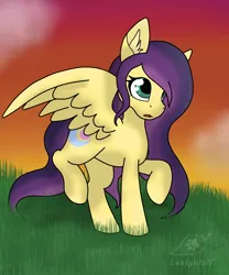 Size: 2236x2683 | Tagged: safe, artist:leafywolf, derpibooru import, oc, unofficial characters only, pegasus, pony, female, grass, image, mare, outdoors, pegasus oc, png, sunset, wings