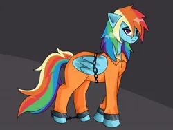 Size: 2048x1536 | Tagged: safe, artist:sleepymist, derpibooru import, bound wings, chained, chains, clothes, commissioner:rainbowdash69, cuffed, cuffs, image, jpeg, never doubt rainbowdash69's involvement, prison outfit, prisoner, prisoner rd, shackles, solo, wings