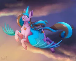 Size: 3000x2400 | Tagged: safe, artist:leafywolf, derpibooru import, oc, unofficial characters only, alicorn, pony, alicorn oc, female, flying, glow, glowing horn, horn, image, jewelry, mare, necklace, png, smiling, solo, wings