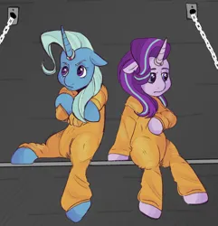 Size: 1374x1423 | Tagged: safe, artist:ghostjimi, derpibooru import, starlight glimmer, trixie, clothes, commission, commissioner:rainbowdash69, image, jail cell, never doubt rainbowdash69's involvement, png, prison, prison outfit, prisoner