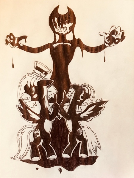 Size: 3024x4032 | Tagged: safe, artist:gracefulart693, derpibooru import, oc, demon, pegasus, pony, bendy and the ink machine, bipedal, image, jpeg, pegasus oc, traditional art, wings